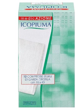 ICOPIUMA GARZA COMPRESSA IDROFILA IN COTONE PIEGATA STERILE SENZA FILO DI BARIO TITOLO 12/8 MISURA 18X40 CM IN BUSTA SINGOLA 12 PEZZI - Farmacia De Pasquale