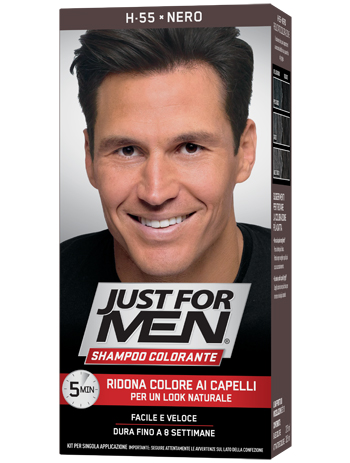 JUST FOR MEN SHAMPOO COLORANTE H55 NERO ATTIVATORE CHIARO 38,5 ML + BASE COLORE 27,5 ML - Farmacia De Pasquale