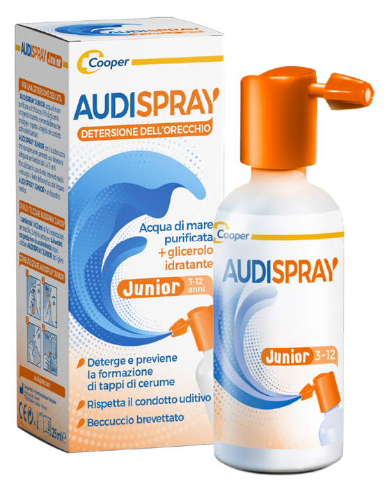 AUDISPRAY JUNIOR 3-12 ANNI SOLUZIONE DI ACQUA DI MARE IPERTONICA SPRAY SENZA GAS IGIENE ORECCHIO 25ML - Farmacia De Pasquale