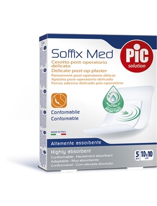 CEROTTO PIC SOFFIX MED IN TNT CON TAMPONE CENTRALE ASSORBENTE STERILE MONOUSO 10X10 CM ANTIBATTERICO 5 PEZZI - Farmacia De Pasquale
