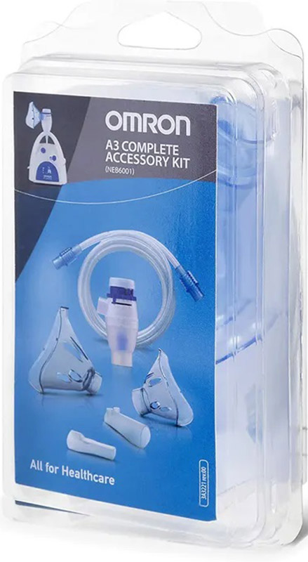 OMRON A3 COMPLETE KIT RICAMBIO AMPOLLA REGOLABILE + TUBO + MASCHERINA PEDIATRICA + MASCHERINA ADULTI + FORCELLE NASALI + BOCCAGLIO - Farmacia De Pasquale