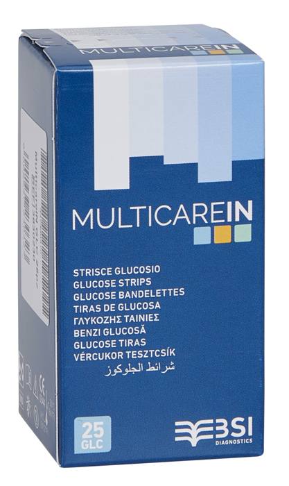 STRISCE MISURAZIONE GLICEMIA MULTICARE IN GLUCOSIO ELETTRODO 25 PEZZI - Farmacia De Pasquale