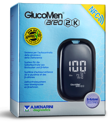 GLUCOMETRO GLUCOMEN AREO 2K PER AUTOMISURAZIONE DELLA GLICEMIA DA SANGUE INTERO CAPILLARE DIMENSIONE 85,5X56X18,2 MM PESO 46 G - Farmacia De Pasquale