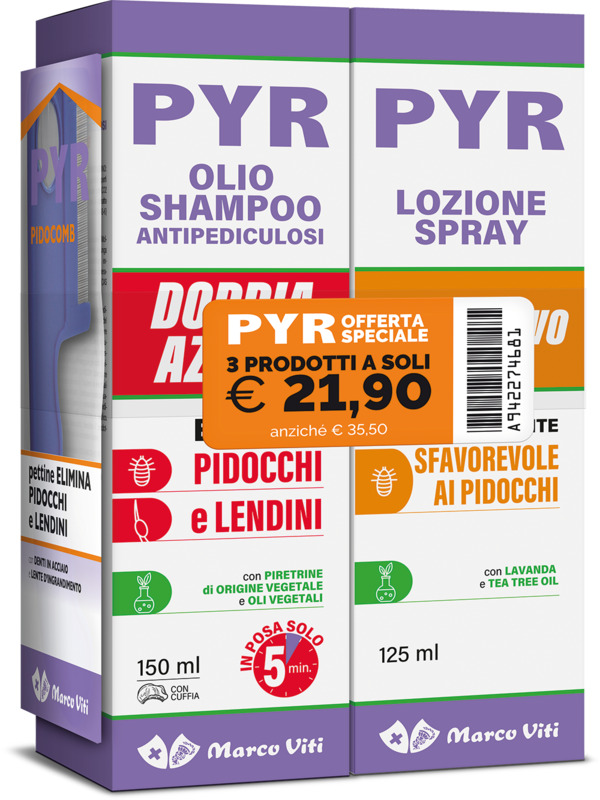 PYR ABB OLIO SHAMPOO ANTIPEDICULOSI + 1 OLIO SHAMPOO DOPPIA AZIONE + 1 LOZIONE SPRAY + 1 PETTINE LENDINI - Farmacia De Pasquale
