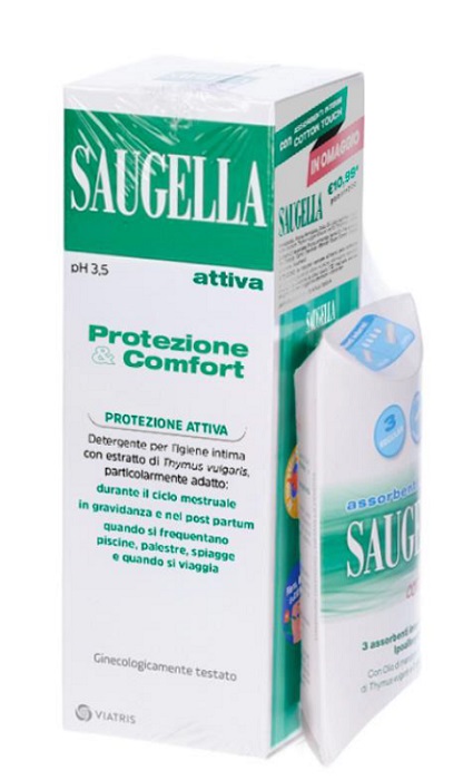 SAUGELLA PROTEZIONE&COMFORT BUNDLE 1 ATTIVA 250 ML + 3 ASSORBENTI INTERNI REGULAR IN OMAGGIO + GADGET STICKERS MOTIVAZIONALI - Farmacia De Pasquale