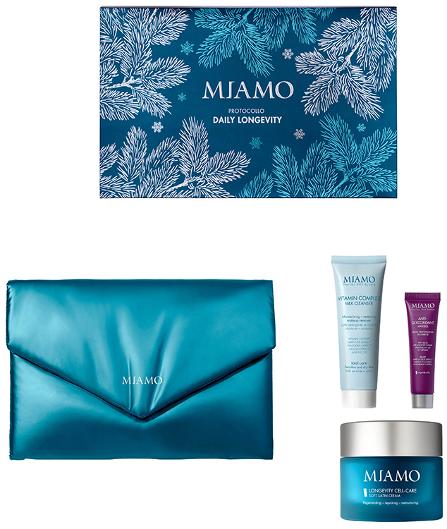 MIAMO 2025 COFANETTO XMAS DAILY LONGEVITY CELL CARE SOFT SATIN CREAM 50 ML + VITAMIN COMPLEX MILK CLEANSER 50 ML + ANTI GLYCOXIDANT MASQYE 10 ML - Farmacia De Pasquale