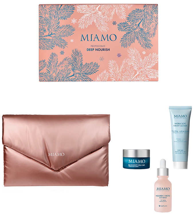 MIAMO 2025 COF. XMAS DEEP NOURISH NOURISH 3 BIOTIC RICH SERUM 30 ML + HYDRA SOFT CREAMY CLEANSER 50 ML + LONGEVITY CELL CARE DEEP BALM CREAM 10 ML - Farmacia De Pasquale