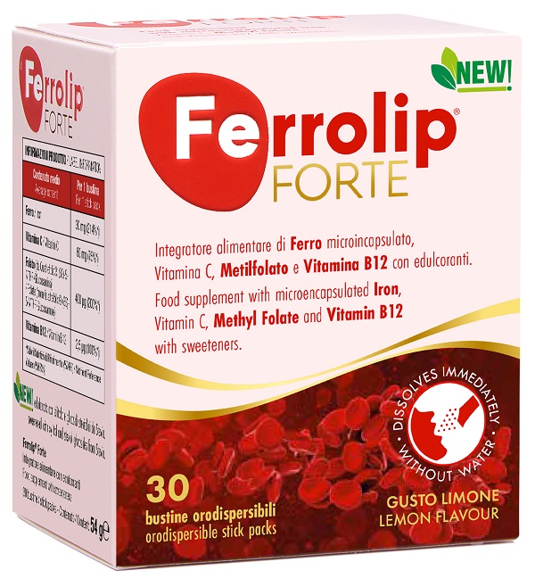 FERROLIP FORTE 30 BUSTINE ORODISPERSIBILI GUSTO LIMONE CON EDULCORANTI NEW - Farmacia De Pasquale