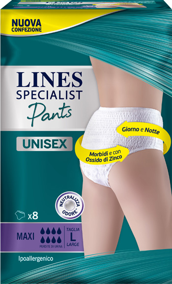 LINES SPECIALIST PANTS MAXI L X 8 PANNOLONE MUTANDINA INDOSSABILE COME NORMALE BIANCHERIA TIPO PULL-ON - Farmacia De Pasquale
