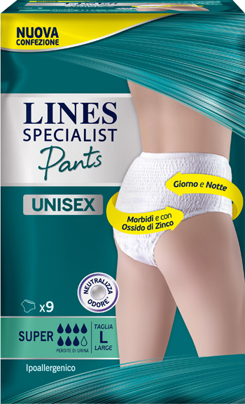 LINES SPECIALIST PANTS SUPER L X 9 PANNOLONE MUTANDINA INDOSSABILE COME NORMALE BIANCHERIA TIPO PULL-ON - Farmacia De Pasquale