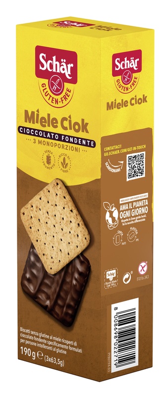 SCHAR MIELE CIOK BISCOTTI AL MIELE RICOPERTI DI CIOCCOLATO FONDENTE 3 PORZIONI DA 63,5 G - Farmacia De Pasquale