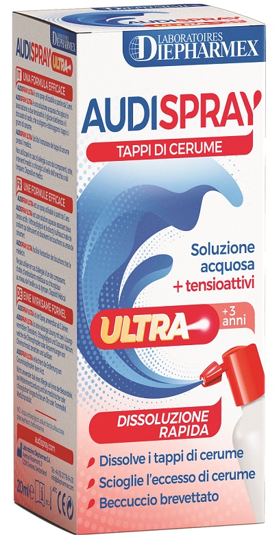 AUDISPRAY ULTRA +3 ANNI SOLUZIONE ACQUOSA + TENSIOATTIVI SPRAY TAPPI DI CERUME 20 ML - Farmacia De Pasquale