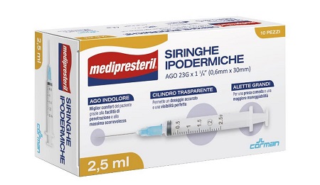 SIRINGA IPODERMICA MEDIPRESTERIL AGO 23 GAUGE 1 1/4 0,6X30MM 2,5 ML 10 PEZZI - Farmacia De Pasquale