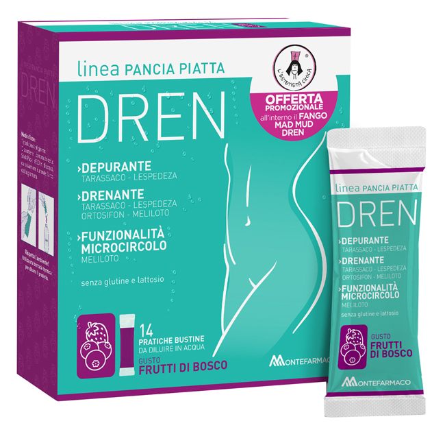 PANCIA PIATTA DREN FRUTTI DI BOSCO 14 BUSTINE STICK PACK + FANGO ATTIVO CELLULITE 100 ML OMAGGIO - Farmacia De Pasquale