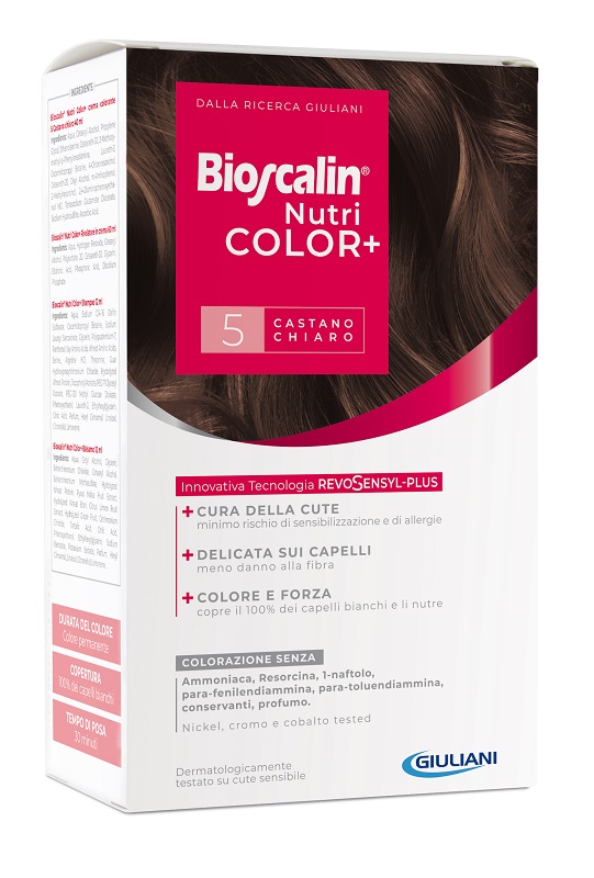 BIOSCALIN NUTRICOLOR PLUS 5 CASTANO CHIARO CREMA COLORANTE 40 ML + RIVELATORE CREMA 60 ML + SHAMPOO 12 ML + TRATTAMENTO FINALE BALSAMO 12 ML - Farmacia De Pasquale
