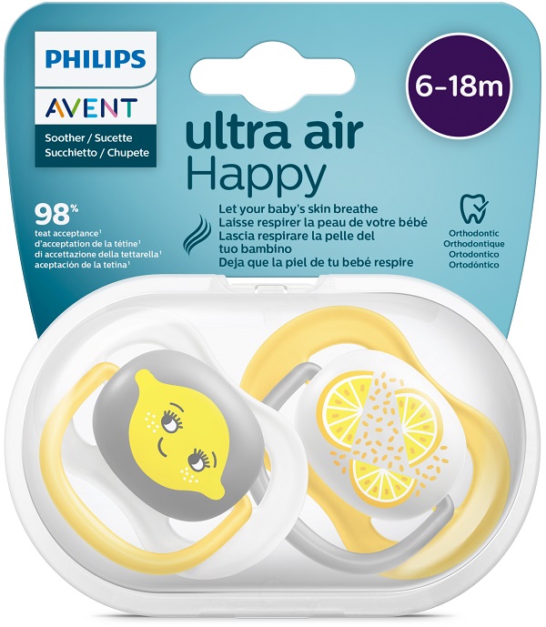 AVENT ULTRA AIR CIUCCIO ORTODONTICO 6-18 MESI NEUTRO/LIMONI 2 PEZZI - Farmacia De Pasquale