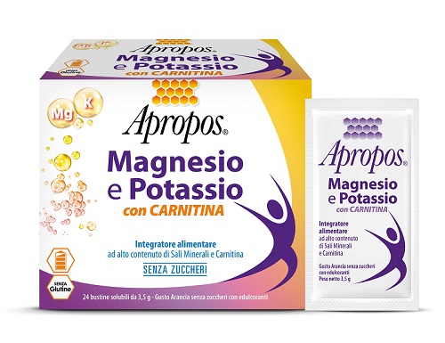 APROPOS MAGNESIO E POTASSIO CON CARNITINA 24 BUSTINE SOLUBILI DA 3,5 G GUSTO ARANCIA SENZA ZUCCHERI - Farmacia De Pasquale