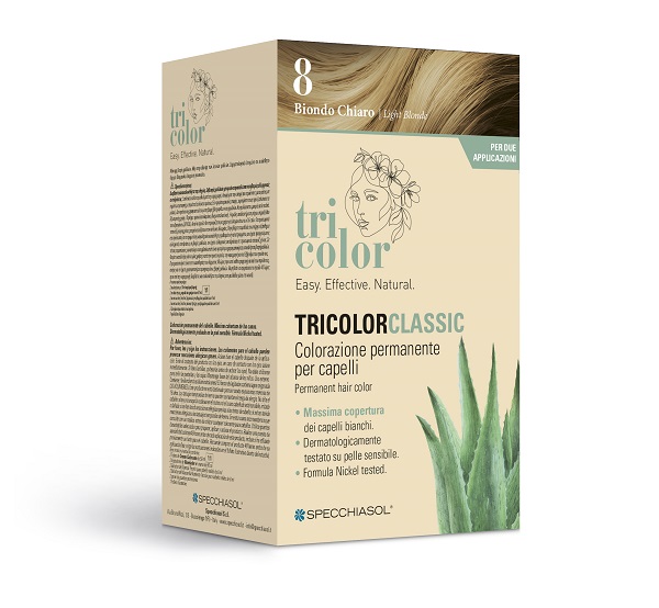 TRICOLOR CLASSIC 8 BIONDO CHIARO 2 TUBI 50 ML + 2 SHAKER 50 ML + 4 BUSTINE 8 ML - Farmacia De Pasquale
