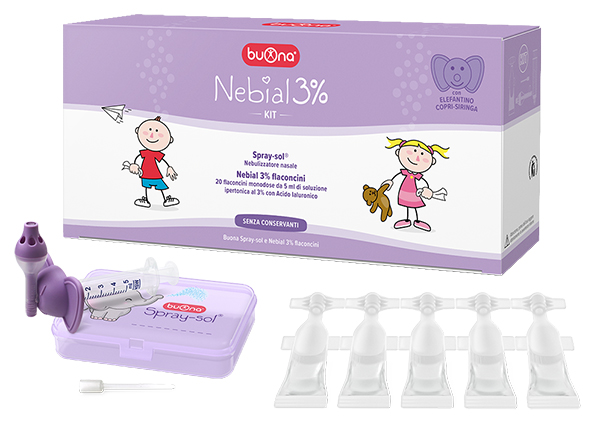 NEBIAL 3% KIT 20 FLACONCINI MONODOSE 5ML SOLUZIONE IPERTONICA CON ACIDO IALURONICO + NEBULIZZATORE SPRAY-SOL - Farmacia De Pasquale