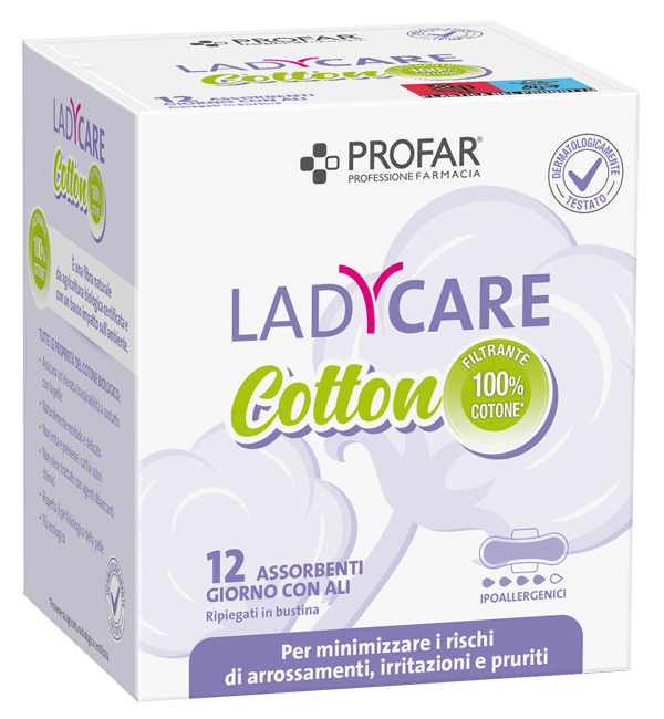 LADYCARE ASSORBENTI COTTON IPOALLERGENICI GIORNO CON ALI 12 PEZZI PROFAR - Farmacia De Pasquale