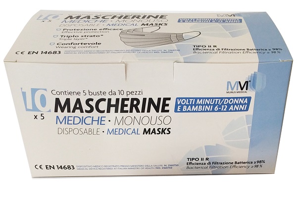 MASCHERINA CHIRURGICA MONOUSO MUNUS MEDICAL TIPO IIR TAGLIA SLIM VOLTI MINUTI DONNA E BAMBINI 6-12 ANNI 5 BUSTE DA 10 MASCHERINE - Farmacia De Pasquale