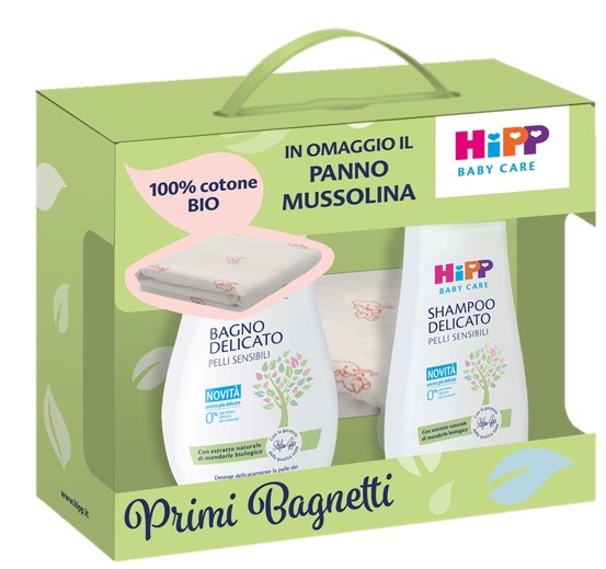 HIPP COFANETTO PRIMI BAGNETTI MUSSOLINA 1 BABY CARE BAGNO DELICATO 350 ML + 1 BABY CARE SHAMPOO DELICATO 200 ML + 1 PANNO MUSSOLINA - Farmacia De Pasquale
