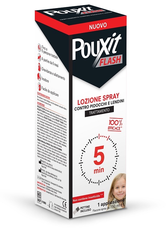 LOZIONE SPRAY CONTRO PIDOCCHI E LENDINI POUXIT FLASH TRATTAMENTO CON PETTINE INCLUSO 150 ML - Farmacia De Pasquale