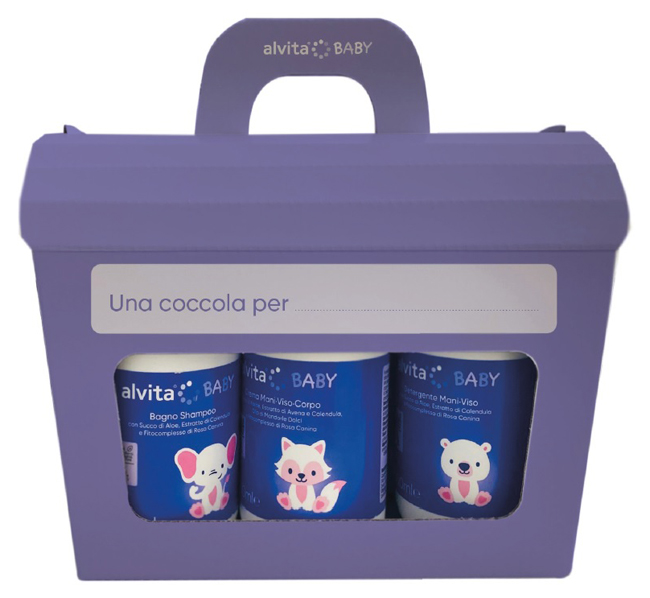 ALVITA COFANETTO BABY 5 PEZZI 1 BAGNO SHAMPOO 300 ML + 1 CREMA VISO CORPO 300 ML + 1 DETERGENTE MANI VISO 300 ML + 1 PASTA OSSIDO ZINCO 100 ML + SALVIETTE PURE WATER 60 PEZZI - Farmacia De Pasquale