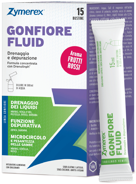 ZYMEREX GONFIORE FLUID FRUTTI ROSSI 15 BUSTINE DA 15 ML CON EDULCORANTI SENZA ZUCCHERI SENZA GLUTINE SENZA LATTOSIO - Farmacia De Pasquale