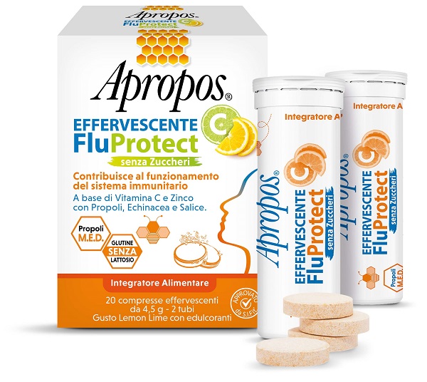 APROPOS EFFERVESCENTE C FLUPROTECT SENZA ZUCCHERI 20 COMPRESSE EFFERVESCENTI - Farmacia De Pasquale