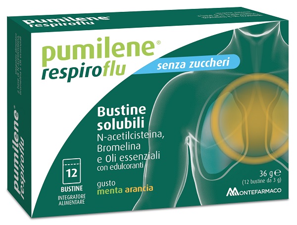 PUMILENE RESPIROFLU SENZA ZUCCHERO 12 BUSTINE GUSTO MENTA ARANCIA 36 G - Farmacia De Pasquale
