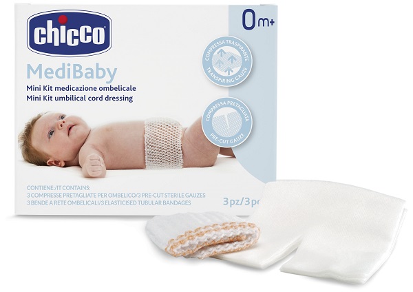 CHICCO MINI KIT MEDICAZIONE OMBELICALE BENDA A RETE ELASTICA CALIBRO 6 + COMPRESSE IN TNT STERILI 10X10 CM 4 PEZZI - Farmacia De Pasquale