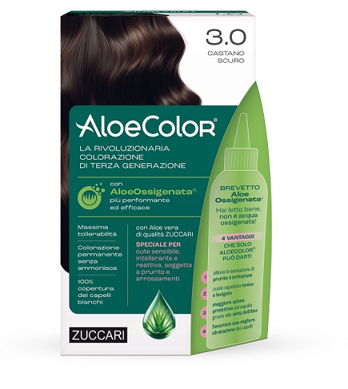 ALOECOLOR 3,0 CASTANO SCURO TINTA PERMANENTE CAPELLI COLORE AD ALTA PIGMENTAZIONE 50 ML + RIVELATORE ALOEOSSIGENATA 75 ML + SHAMPOO ALOECARE 15 ML + GUANTI - Farmacia De Pasquale