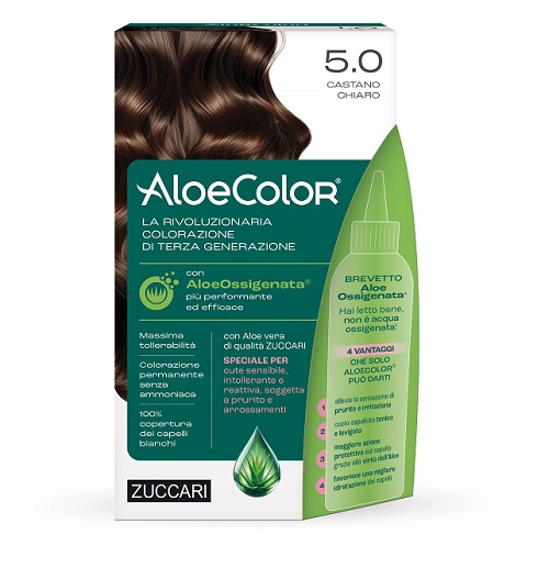 ALOECOLOR 5,0 CASTANO CHIARO TINTA PERMANENTE CAPELLI COLORE AD ALTA PIGMENTAZIONE 50 ML + RIVELATORE ALOEOSSIGENATA 75 ML + SHAMPOO ALOECARE 15 ML + GUANTI - Farmacia De Pasquale